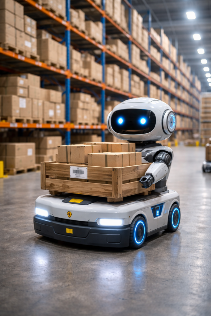 robot magazynowy AMR poruszający się autonomicznie między regałami w magazynie logistycznym