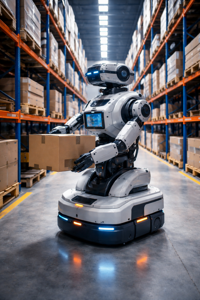 AMR warehouse robot operating in a high-bay automated warehouse