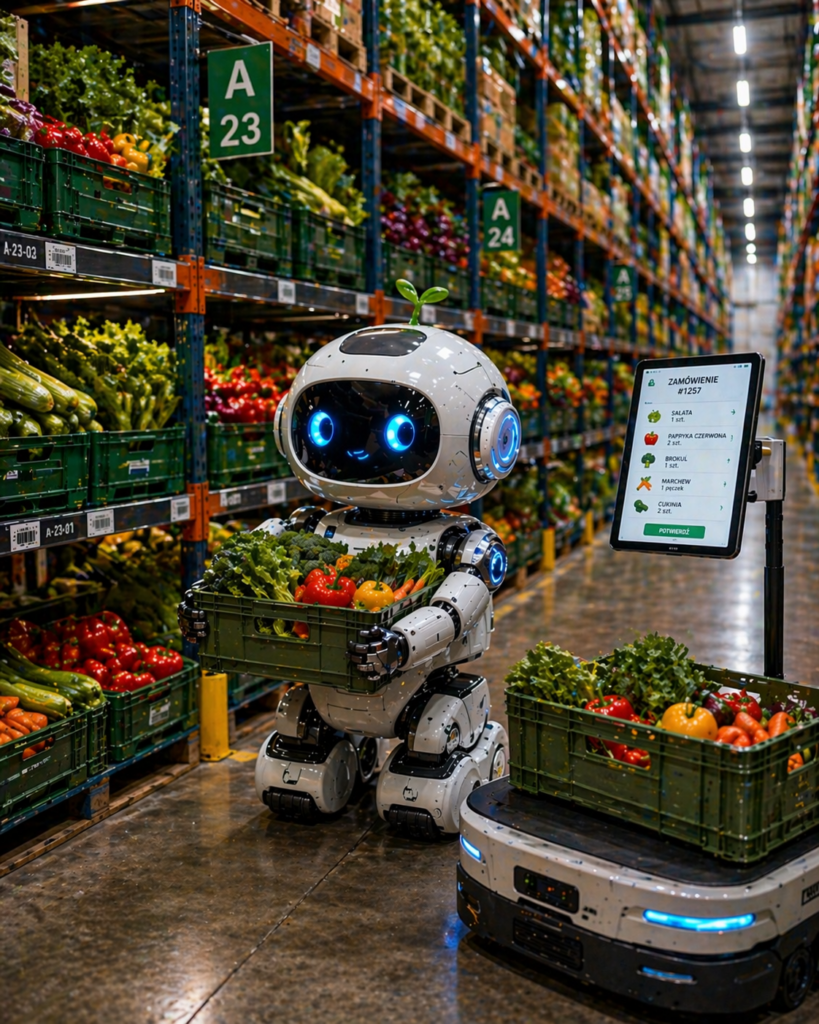 robot magazynowy kompletujący zamówienia w magazynie z warzywami
