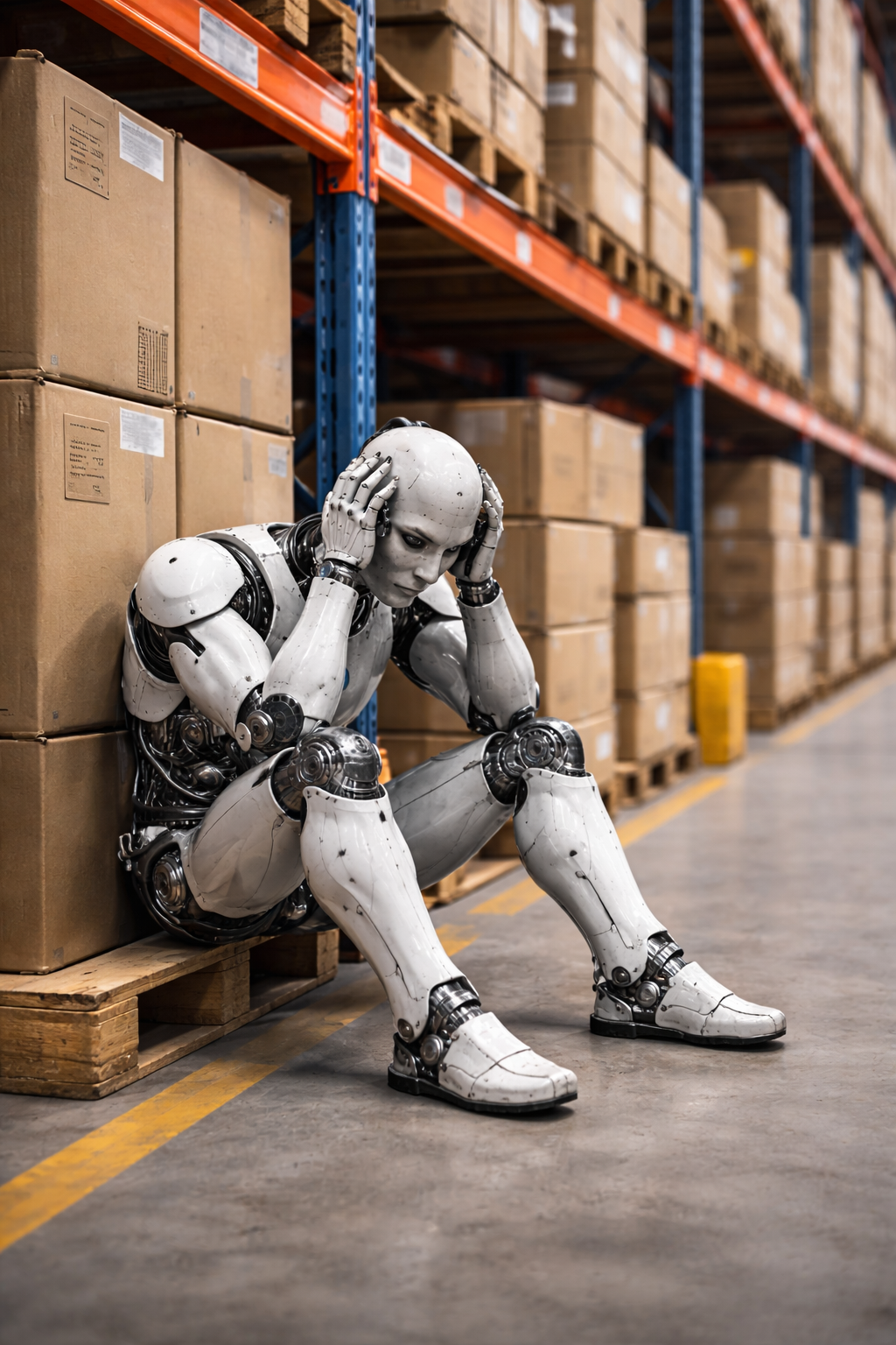 Sad humanoid robot sitting by a high-bay warehouse rack in a logistics warehouse