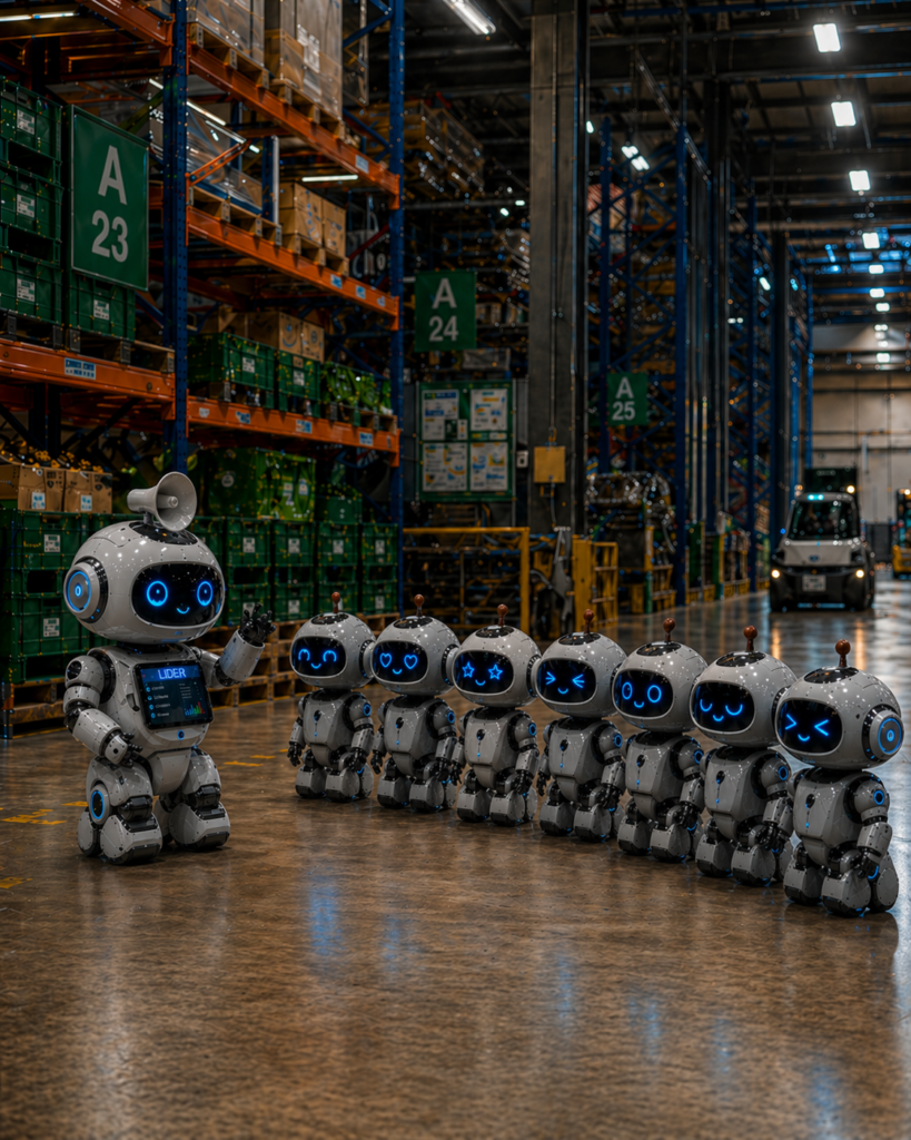 odprawa robotów magazynowych przed rozpoczęciem zmiany