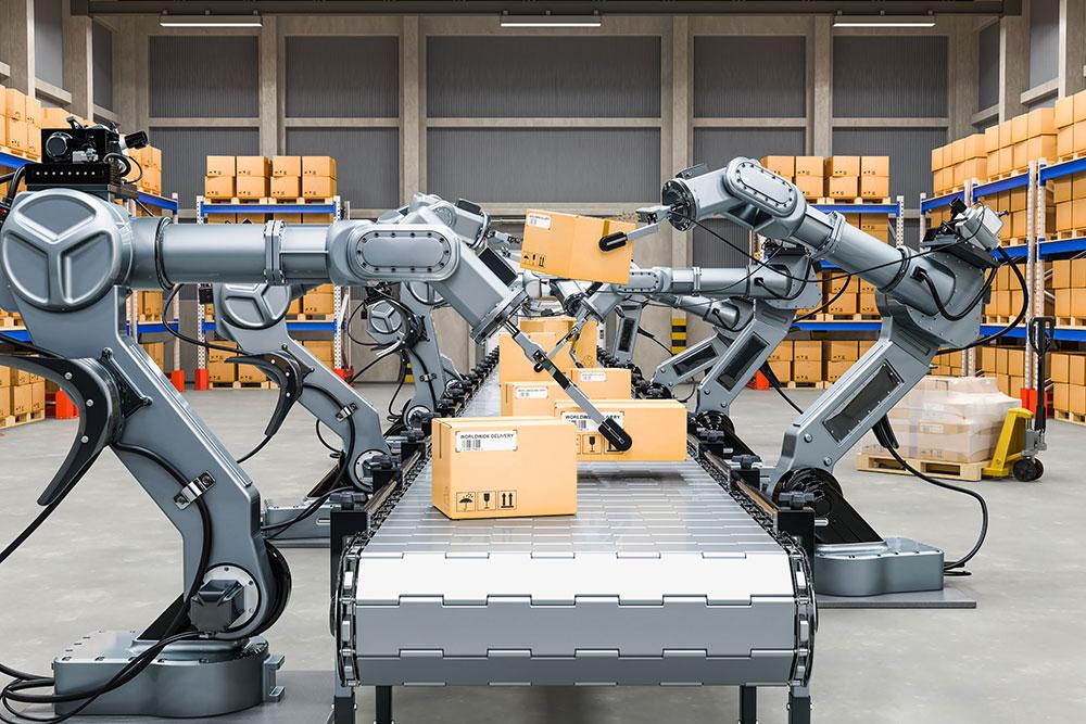 robot magazynowy pracujący w magazynie wysokiego składowania przy kompletacji zamówień
