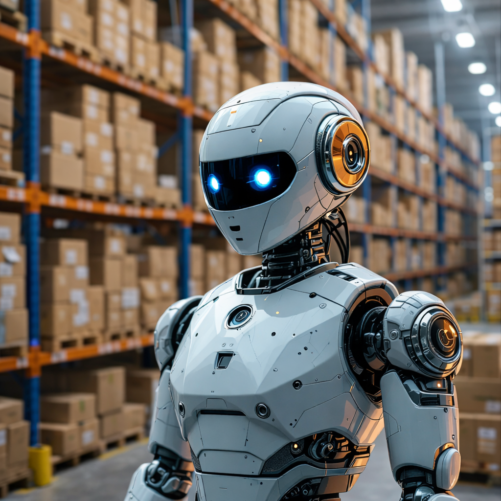 a ready-to-work humanoid robot in a high-bay warehouse