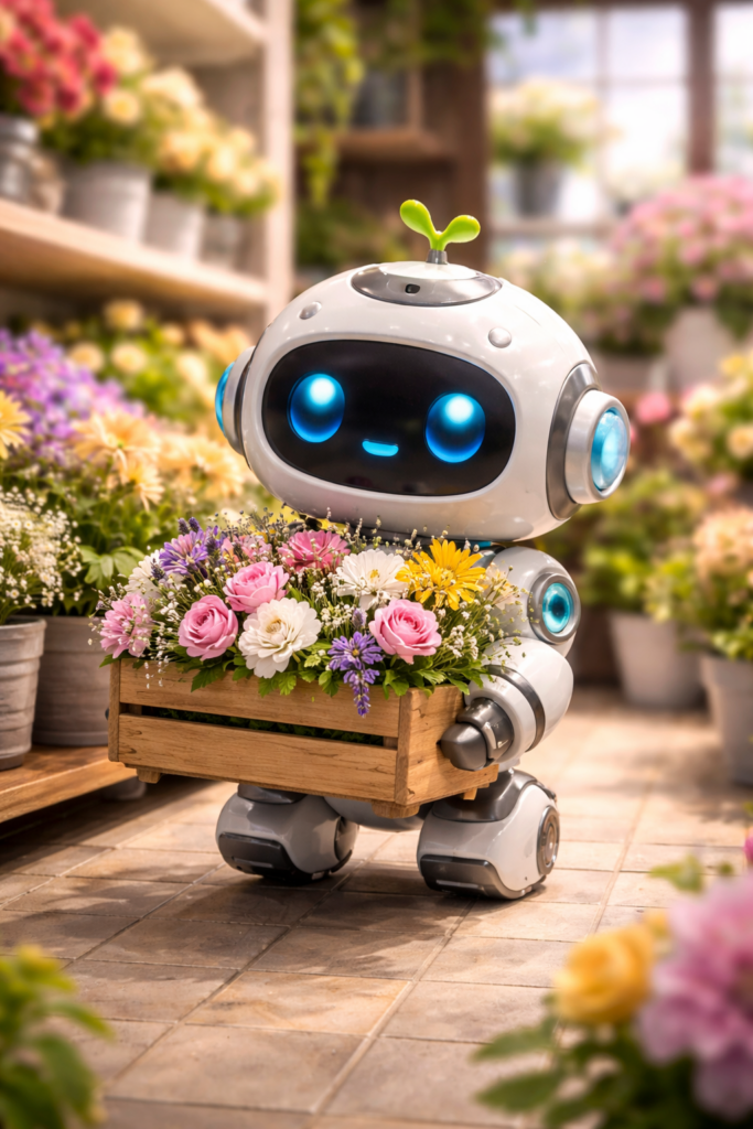 Mały robocik pomagający przenosić kwiaty w kwiaciarni