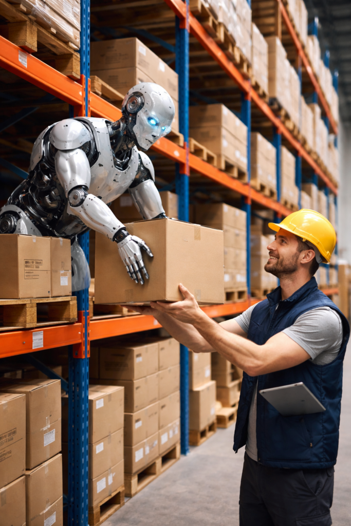 humanoid robot handing a package to a warehouse worker in a high-bay warehouse