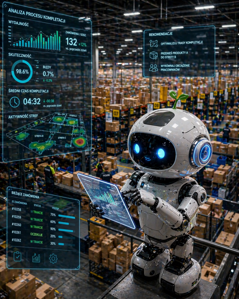 robot magazynowy analizujący proces kompletacji zamówień w centrum logistycznym
