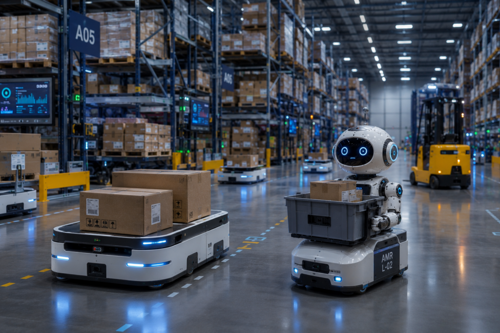 roboty AGV i AMR pracujące w nowoczesnym magazynie logistycznym