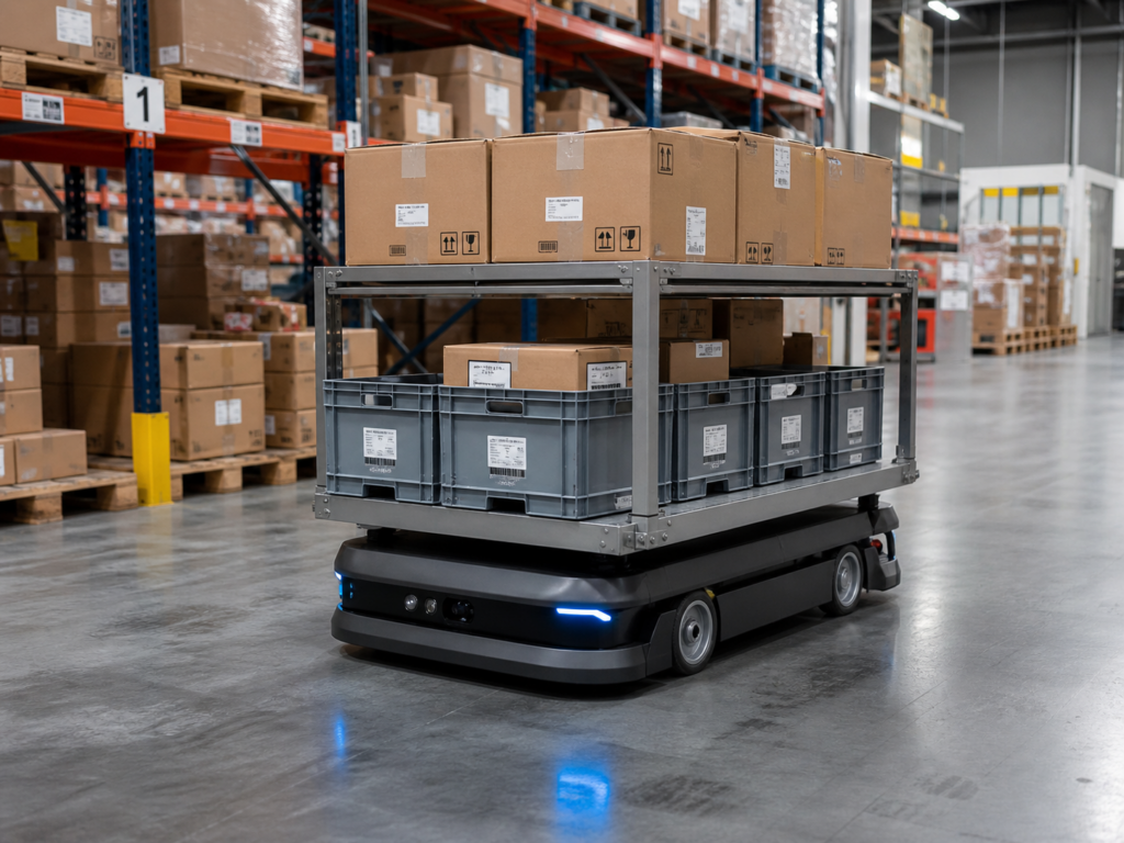 robot AMR transportujący towary w nowoczesnym magazynie