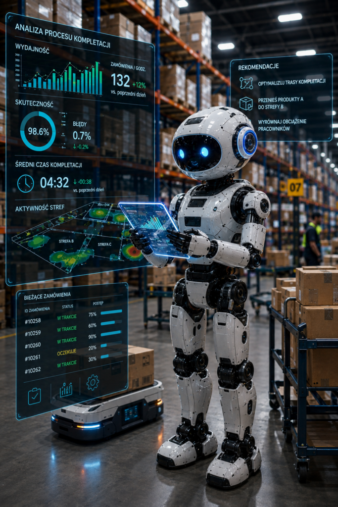 robot magazynowy analizujący procesy logistyczne w nowoczesnym centrum dystrybucji