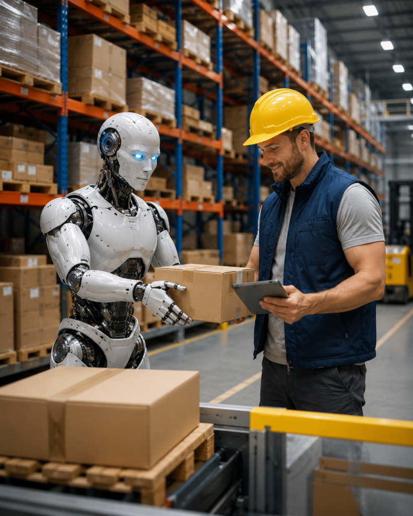 humanoidalny robot pracujący w nowoczesnym magazynie logistycznym

👉 podpis: