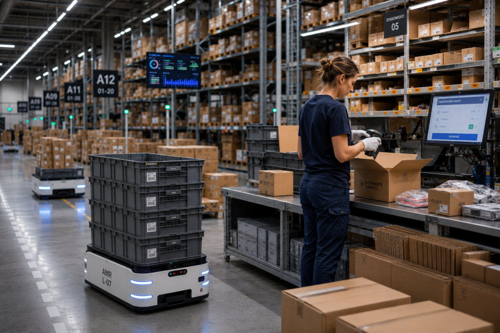Robot magazynowy AMR wspierający kompletację zamówień w nowoczesnym magazynie e-commerce