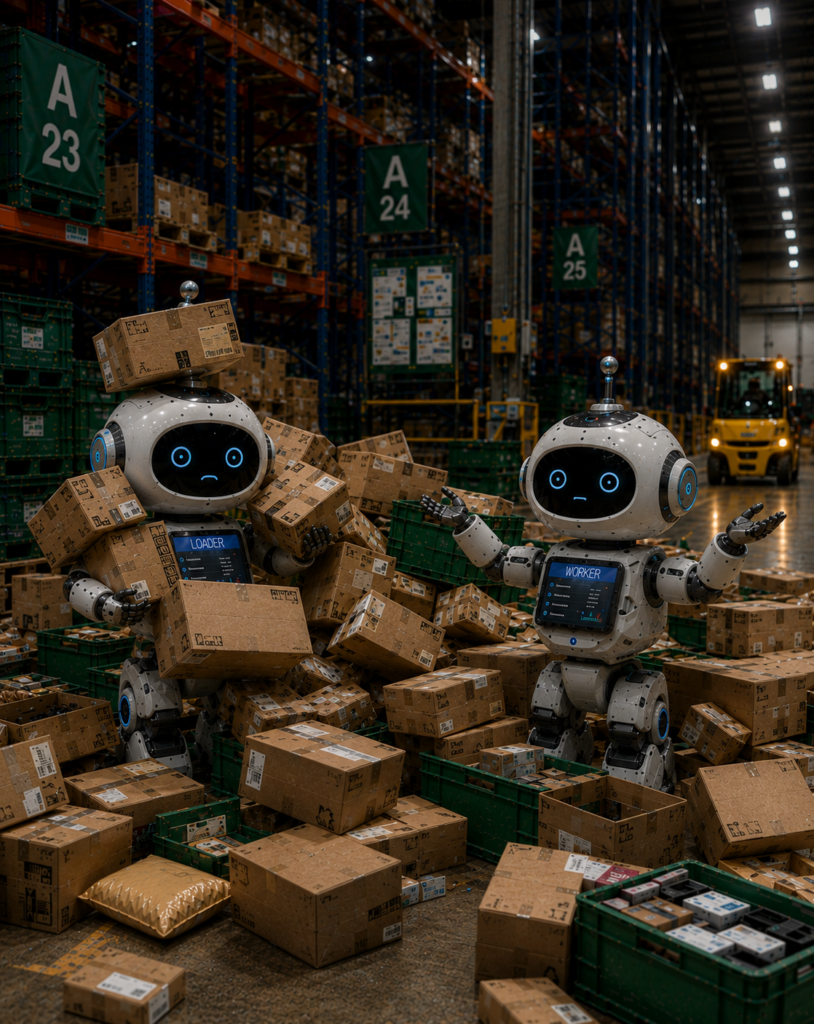 robot magazynowy zatrzymany w zatłoczonym magazynie logistycznym