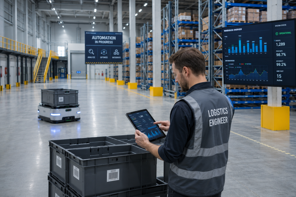 Pracownik analizujący procesy magazynowe przed wdrożeniem robotów AMR